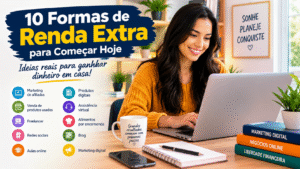: Mulher trabalhando no computador com ideias de renda extra pela internet.
