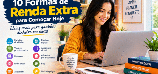 : Mulher trabalhando no computador com ideias de renda extra pela internet.