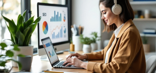 Mulher trabalhando em estratégias de marketing digital e tráfego orgânico para atrair visitantes para um blog.